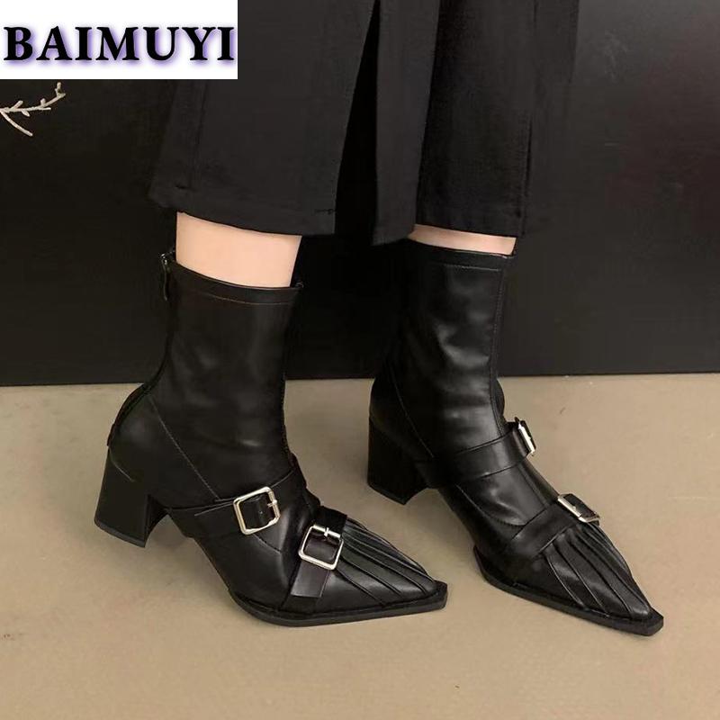 Dámské kotníkové boty na vysokém podpatku se špičatou špičkou, kancelářské boty, trend 2025, sexy značkové boty na silném podpatku v punkovém stylu, designové lodičky, dámské boty