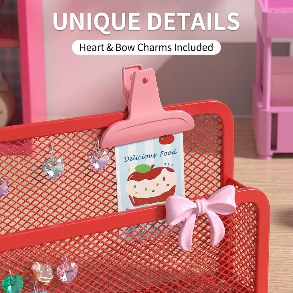 KAWAII Red Letter Sorter – Tiered Storage Mesh Organizer, Metal File Holder for Documents, Stylish Desk Decor for Women