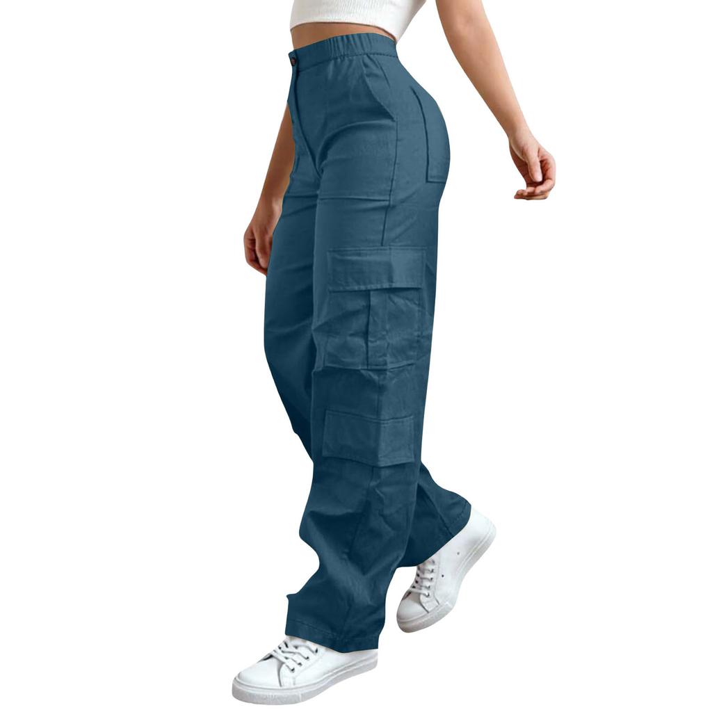 Womens Elastic High Waisted Cargo Pants Stretch Casual Wide Leg Streetwear Parachute Hiking Pants With Pockets