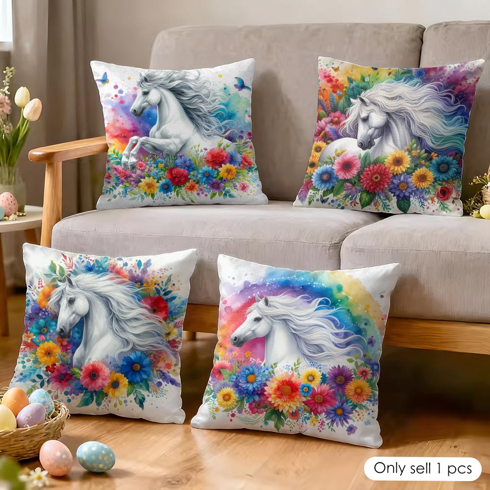 Watercolor Horse Floral Cushion Cover Soft Plush Fabric DoubleSided Printed Cushion Covers for All Seasons Modern Home Decor