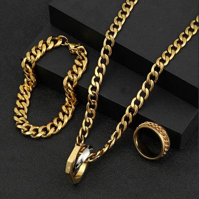 Stainless Steel Jewelry Set Hip Hop Street Cuban Necklace Bracelet Plated18k Gold Chain Ring
