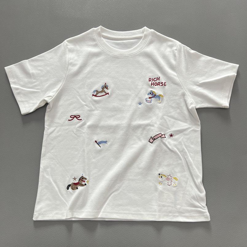 Brushed Red Pony Embroidery Women's Short Sleeve Round Neck Casual Spring T-shirt