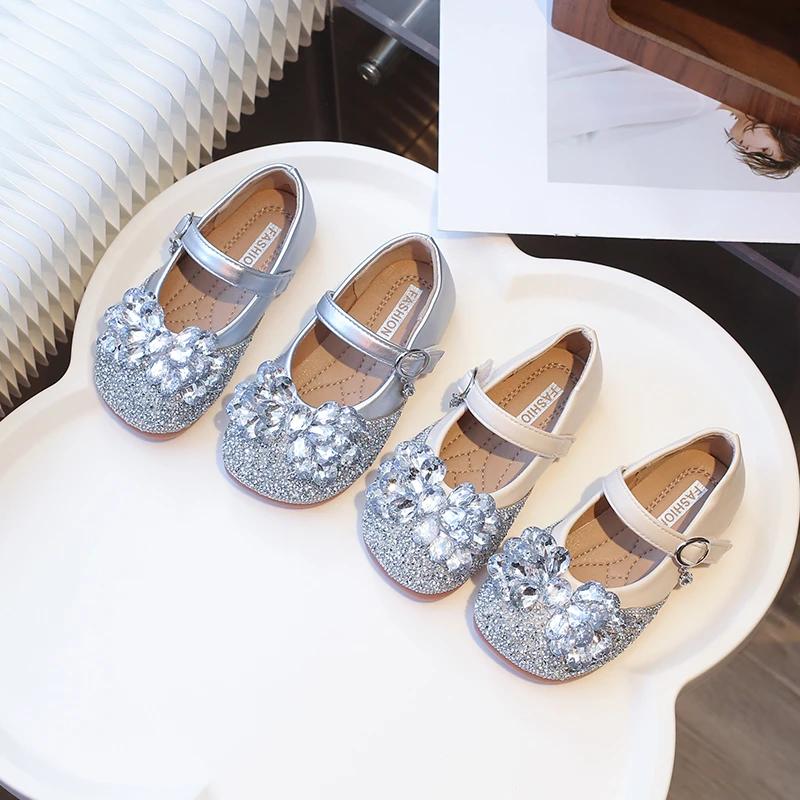 2024 Children Leather Shoes for Girls Autumn New Princess Style Fashion Comfortable Anti-slippery Elegant Rhinestone Party Shoes
