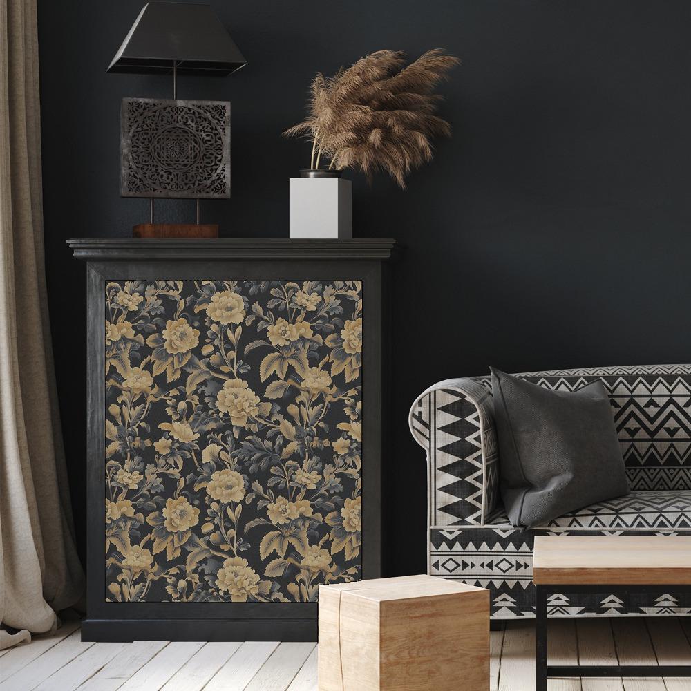 1 Stück Tapete mit goldenen Blumen auf schwarzem Hintergrund, selbstklebend, Boho-Wandaufkleber, entfernbar, zum Abziehen und Aufkleben, wasserfest, dekorative Vintage-Blumenaufkleber