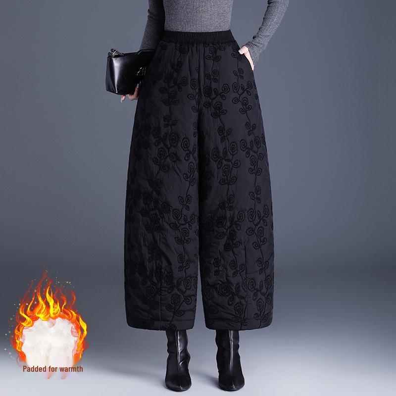 

Chenille Embroidery Wide-Leg Winter Cotton Pants - Women s Casual Cold-Protection Nine-Point Style Medium чёрный