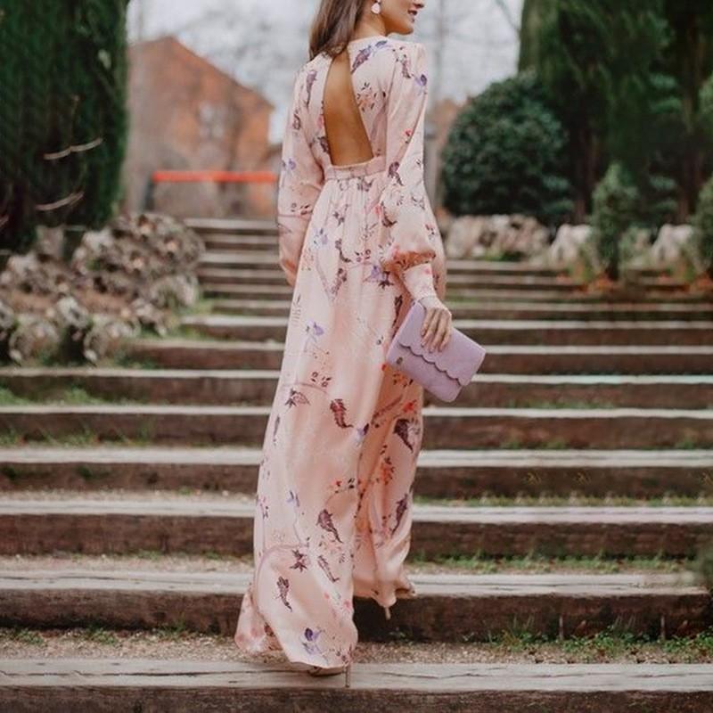 Pink Floral Print Midi Dress Women