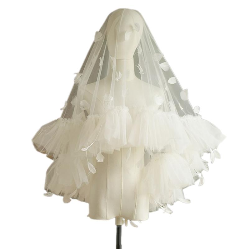 

Bridal Veil Studded Feather Delicate Ruffled Bachelorette Party Head Scarf Bride Gift Bridal Shower Wedding White 1