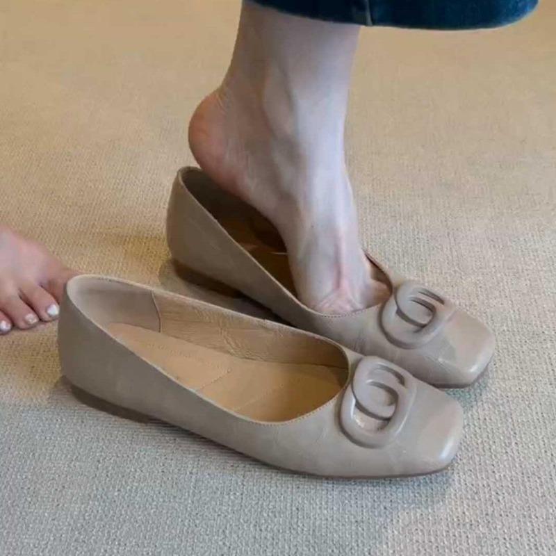 Sheepskin Leather Shoes Versatile Flat-soled Grandma Shoes Women's Shallow Mouth Square Head One Pedal Commuting Mary Jane Single Shoes