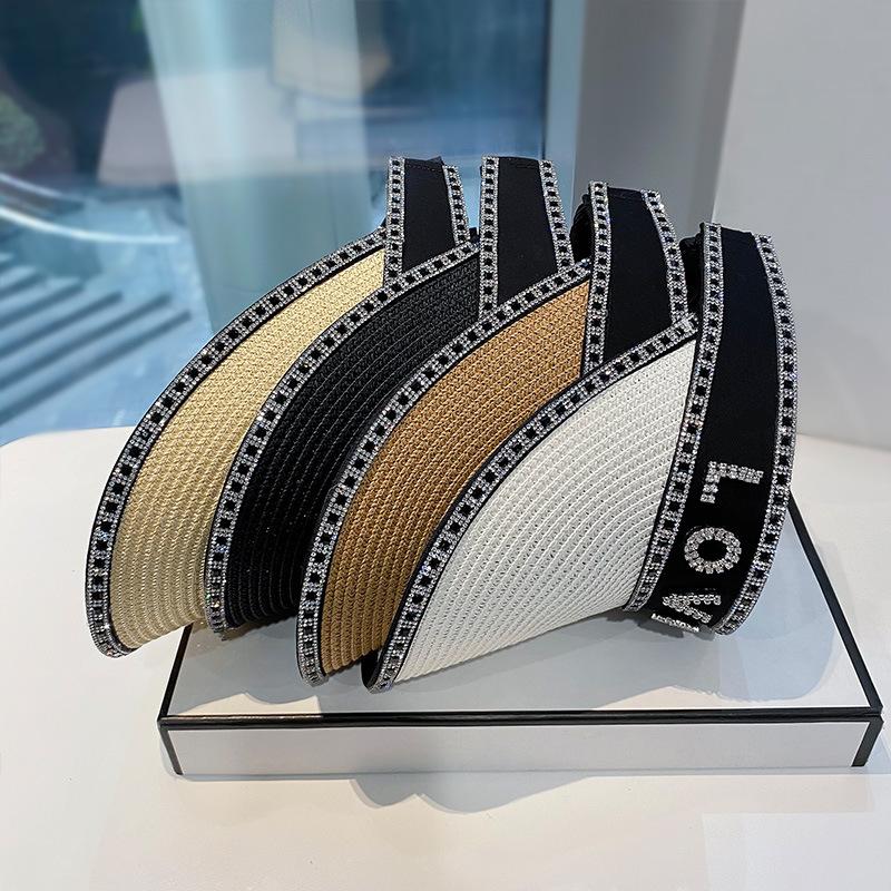 Spring and Summer Temperament Rhinestone Alphabet Straw Empty Top Hat Children's Fashion Outdoor Travel Visor Women's Sun Protection