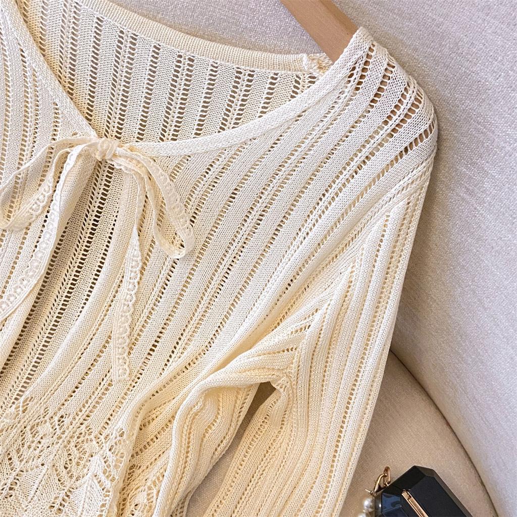 Dámský lehký letní svetr s dutým úpletem, krátký kardigan, jemný top