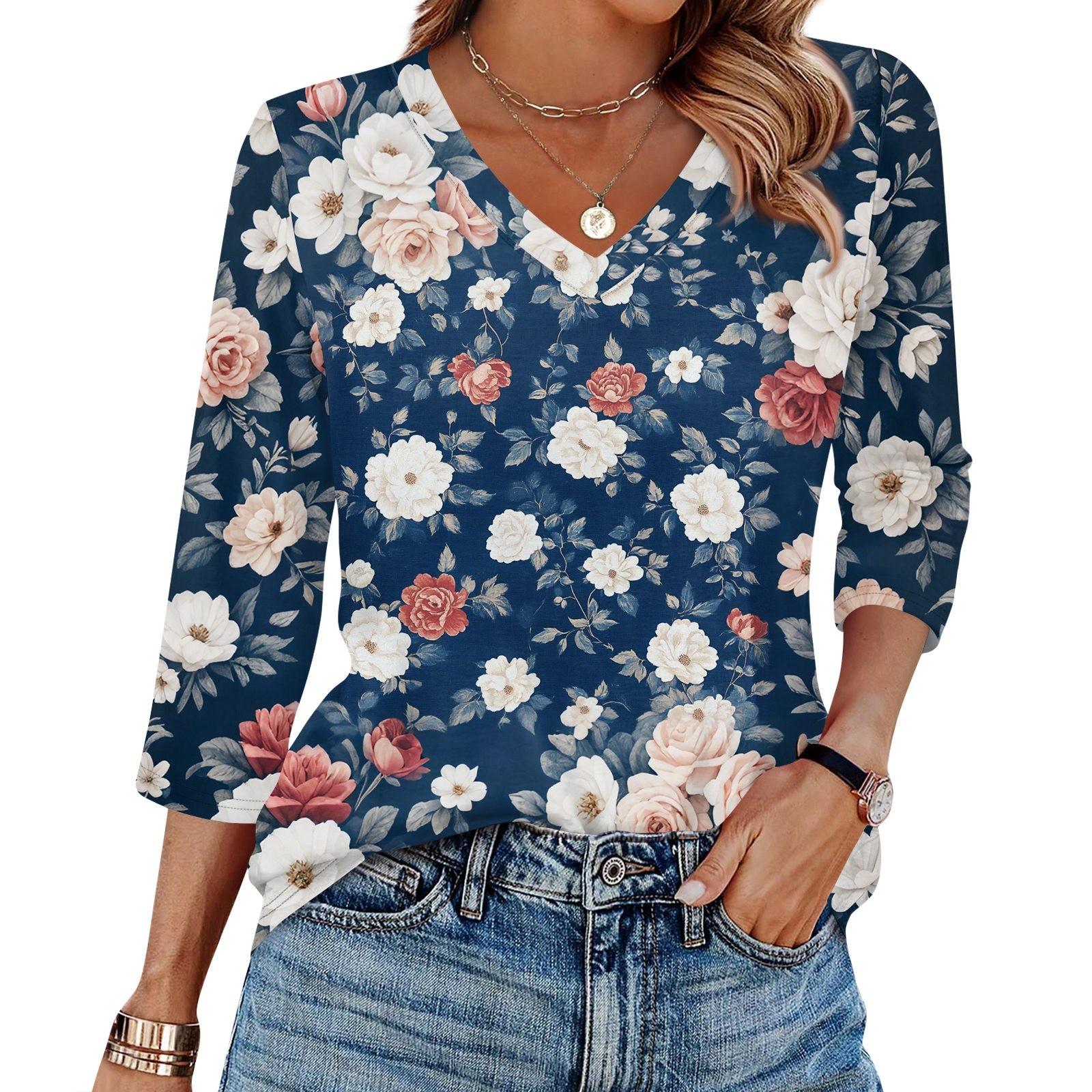 

Женская футболка с принтом, рукав 3/4, повседневная мода на выходные, базовый топ с V-образным вырезом XL