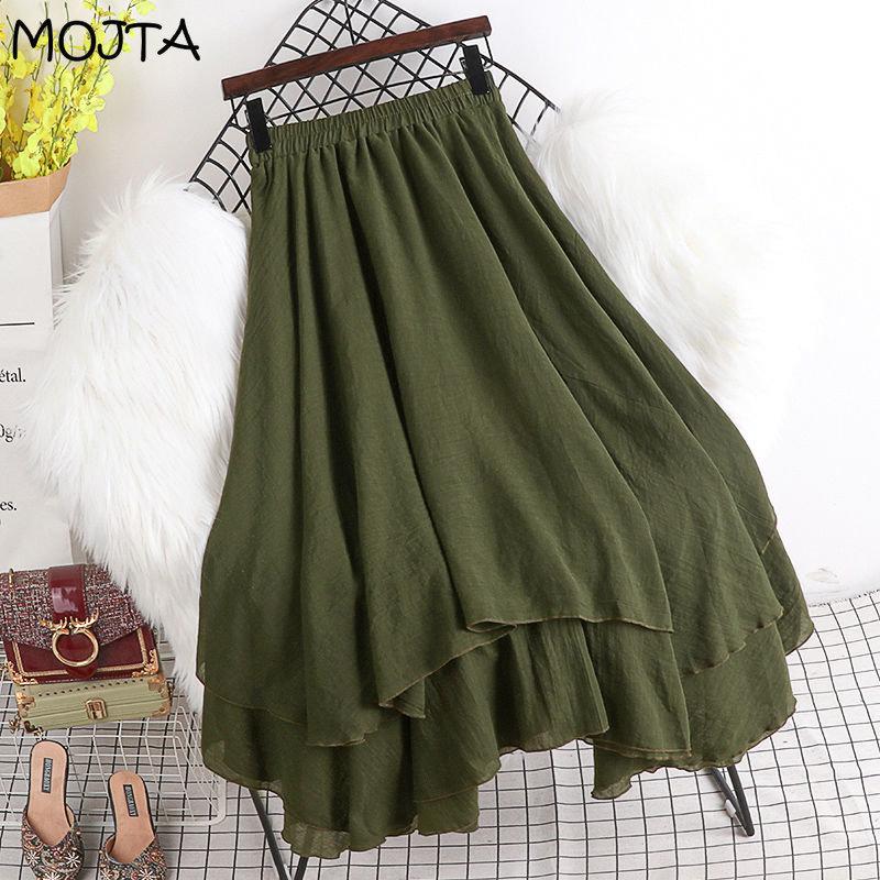 MOJTA Jupe mi-longue printemps été femme taille élastique jupe taille haute jupe trapèze