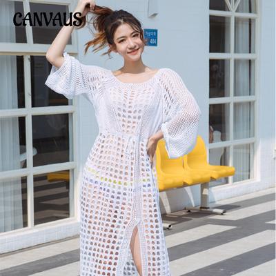 Summer Women's Seaside Holiday Bikini Knit Flared Sleeve Beach Dress Hollow Out Long Dress Swimsuit Cover Up