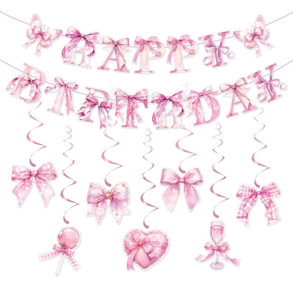 Bow Party Birthday Banner Girl's Birthday Pink Bow Spiral Pendant