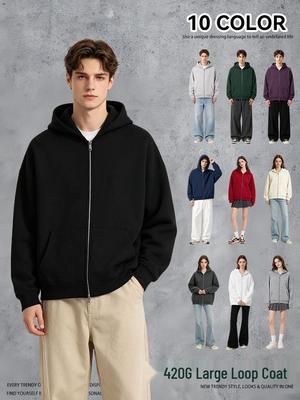 American Autumn Unisex Solid Color Cardigan Hoodie - Trendy Loose-Fit Double Zipper Jacket