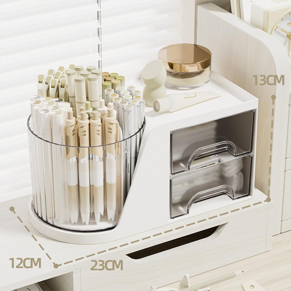 

New Rotating 2-in-1 Pen Holder with Drawer Home Storage Pen Storage Box Plastic Makeup Brush Box Stationery Storage білий