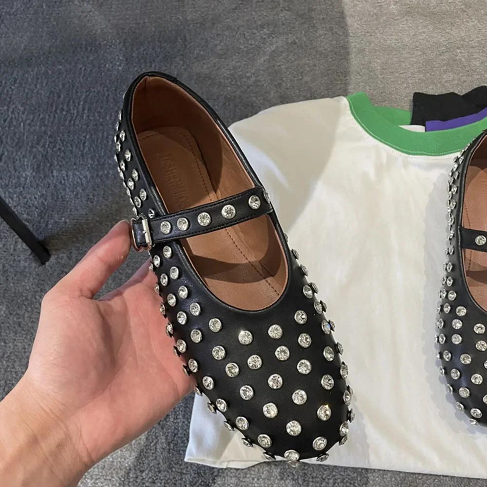 Fashion 2024 Brand Design Balerini casual dama din piele naturala Cristale negre Pantofi Mary Jane pentru femei de inalta calitate Marime mare 43