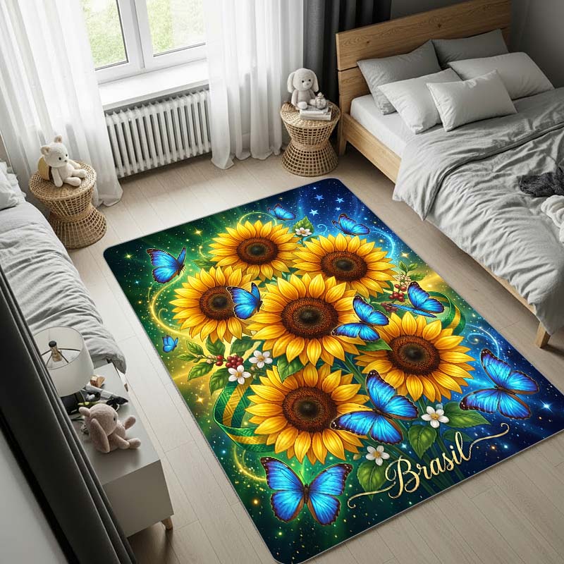 Sunflower Area Rug with Blue Stardust and Butterflies, Magical Galaxy Large Carpet for Bedroom Living Room Home Decor, Soft Floor Mat