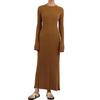 Women's Long Sleeve Ribbed Knitted Maxi Dress Crew Neck Bodycon Sweater Dress Elastic Slim Tie Waist Pencil Long Dress