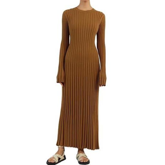 Women's Long Sleeve Ribbed Knitted Maxi Dress Crew Neck Bodycon Sweater Dress Elastic Slim Tie Waist Pencil Long Dress