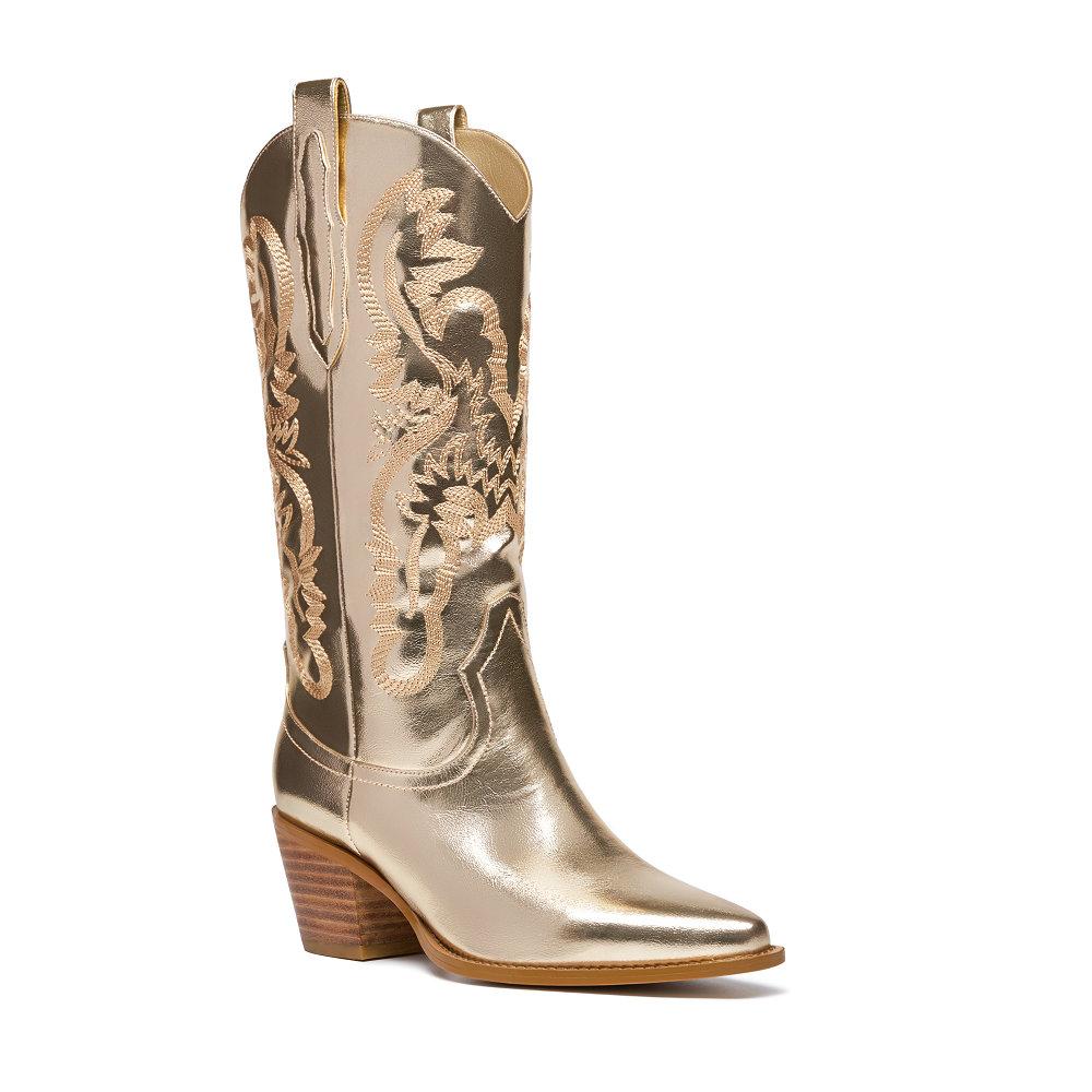 Cowboy Western Boots Embroidery Theme Party Shoe Wide Calf Comfy Shiny Finish for Houston Rodeo Sparkly Gold Chunky Stacked Heel
