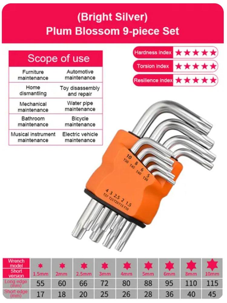 

9 шт. L-образная двусторонняя отвертка, набор шестигранных ключей, шестигранный ключ, шестигранный ключ с плоским шариком, Torx, звездообразный гаечный ключ, набор ручных инструментов