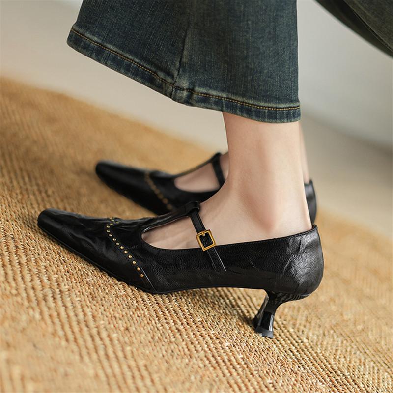 Fashion New Spring/Summer Genuine Leather Women Pumps Shoes for Women Fashion Rivet Square Toe Mary Jane Shoes Women Handmade High Heels
