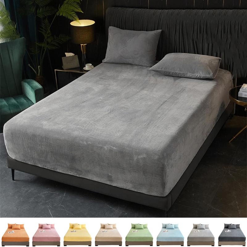 Thick Velvet Fitted Sheet Pillowcase 1/3 Pieces Set High Quality Non Slip Mattress Cover Protector Soft Bed Sheet Pillow Case