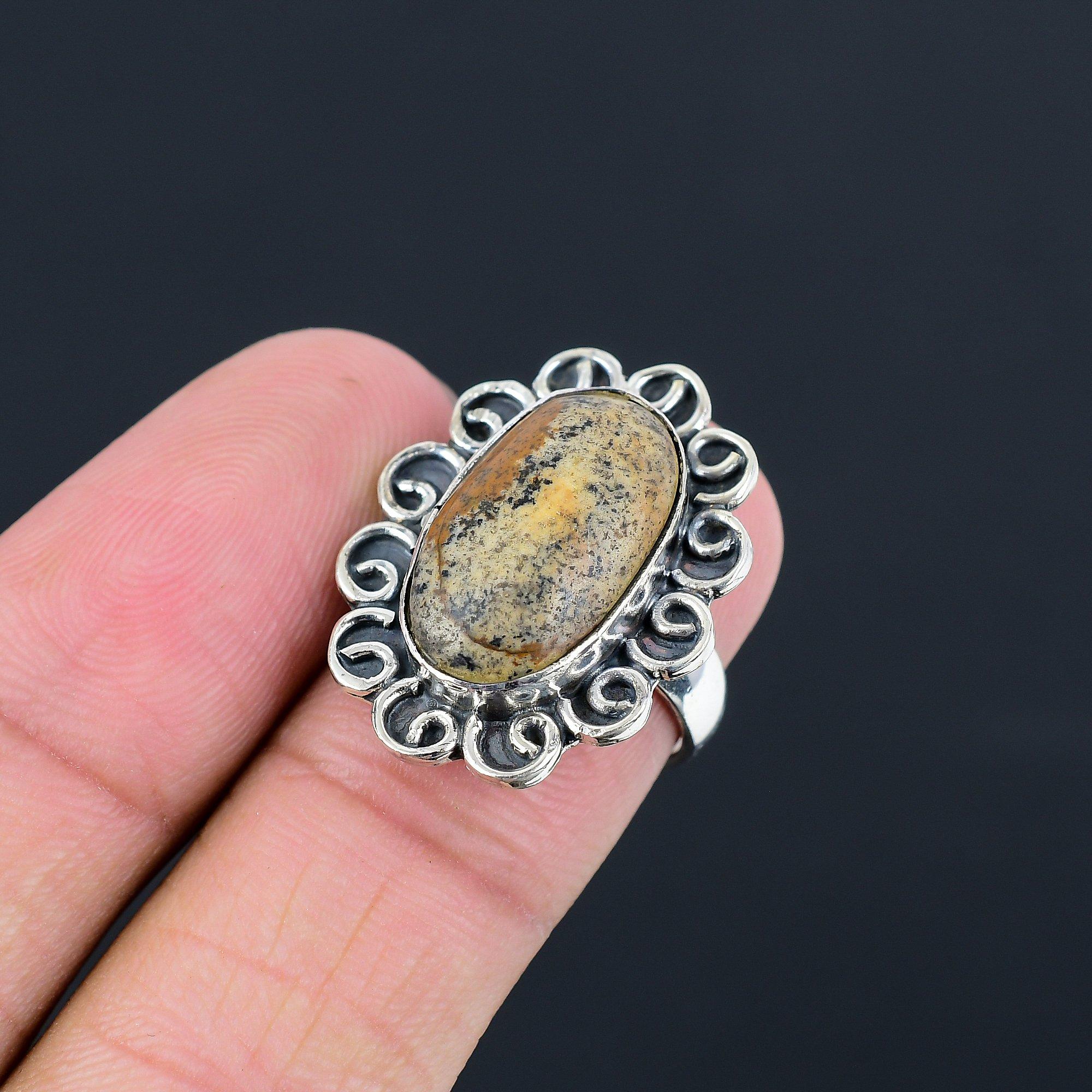 

925 Sterling Silver Picture Jasper Stone Birthday Statement Ring Jewelry US 6.5 6.5