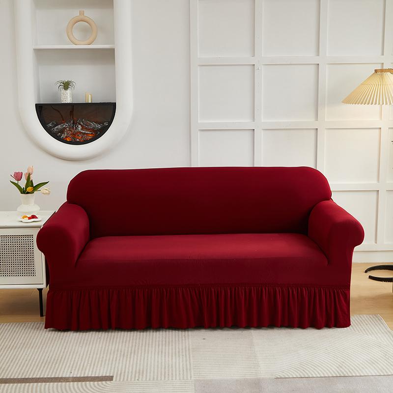 1pc Stretch Sofa Cover With Skirt Solid Color Dustproof Non-slip Adjuatable Sofa Slipcover for Bedroom Living Room Home Decor