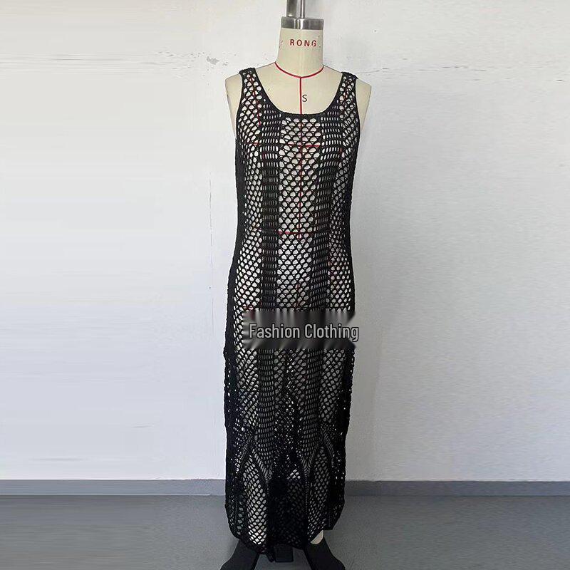 European & American Fashion Vacation Dress: Sexy U-neck, Solid Color, Spaghetti Strap, Cutout Long Beach Dress with Sun Protection