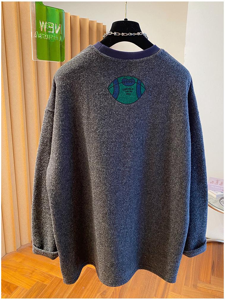 Women's 2025 Cartoon Print Woolen Long Sleeve T-shirt: Loose, Warm, Plus Velvet, Brushed Inner Layer