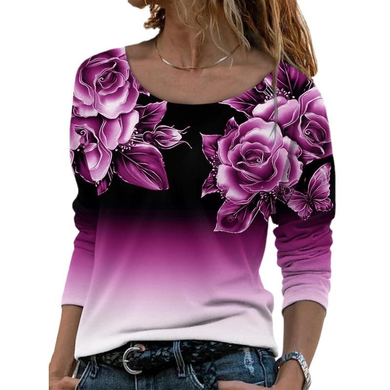 

TIFICY Women s Fashion Casual Spring Autumn Flower Pattern Print Long Sleeve O-Neck Blouses & Shirts XXXXL рожевий