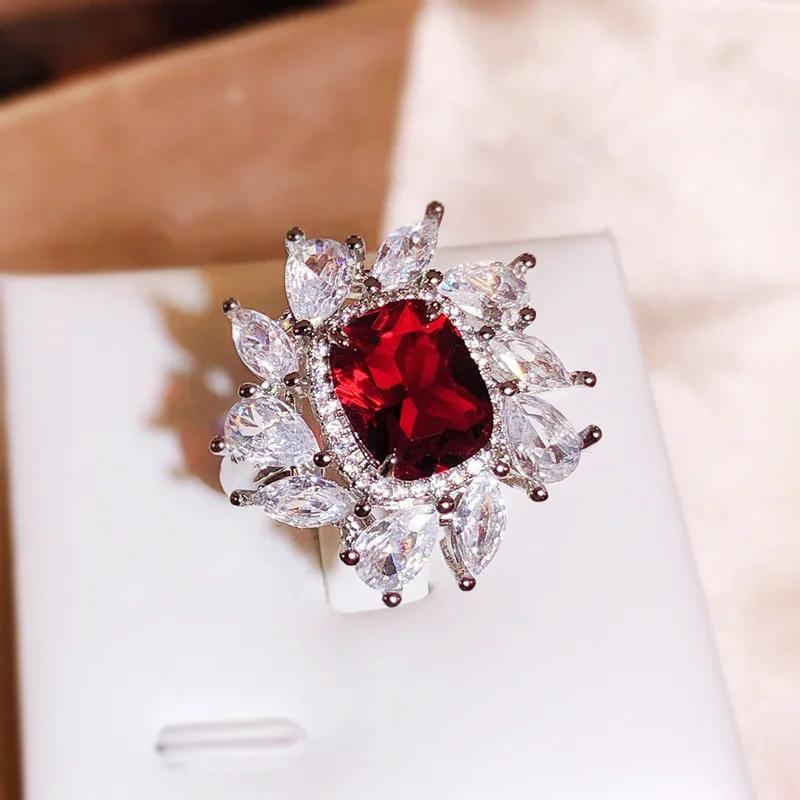 925 Silver New Colorful Square Zircon Ring Female Fashion Full Diamond Water Drop Zircon Ring Party Birthday Gift