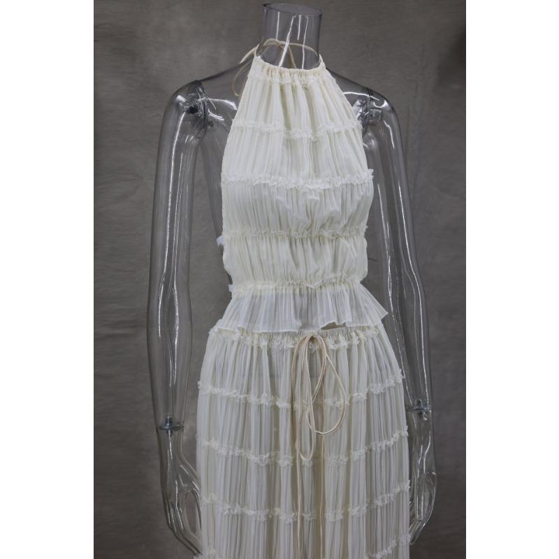 Set gonna lunga estiva con gilet in pizzo pieghettato e collo appeso senza schienale
