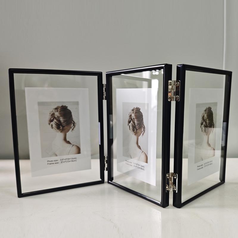 Foldable 3/2 Panel Gold Plated Photo Frame, Double Sided Clear Glass Desktop Display Stand, Photo Frame for 5/6/7/8 Inch Photos