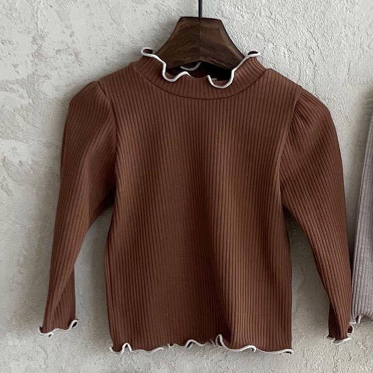 2025 Fall Girls  Ruffled Ribbed Knit Base Layer Shirt with Half-High Collar 80 cm