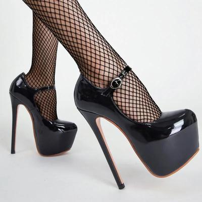 Scarpe col tacco alto da donna, 17 cm, primavera autunno, con plateau, in pelle verniciata, rosse e nere, punta tonda, cinturino con fibbia, sexy, scarpe da ginnastica