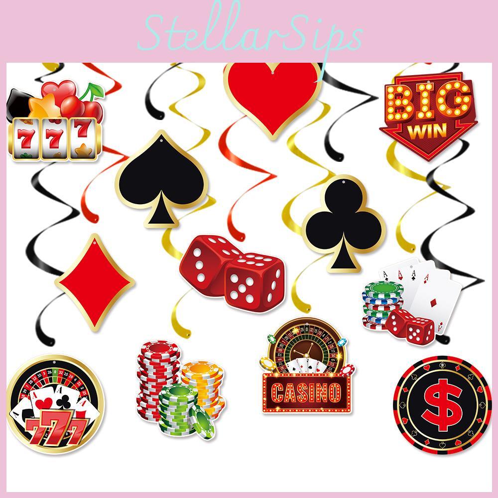 Paper Spiral Party Hangings With Poker Chips Design For Festive Venue Decoration