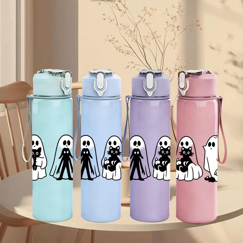 1PC Three White Ghost Line Art 750ml Color Plastic Sports Water Bottle Leakproof Flip Straw Lid Suitable for Sports Office Home Use