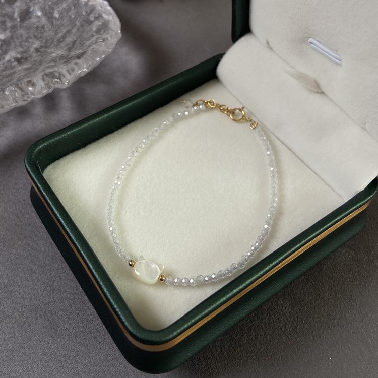 

Тонкий регулируемый черно-белый браслет с котенком с кристаллом, жемчугом и шпинелью - нишевые японские украшения