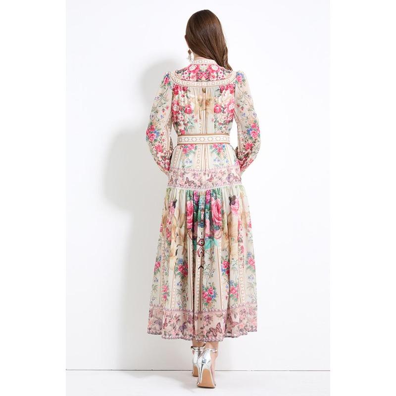 Summer Autumn Women V-neck Vintage Print Chiffon Runway Dress Single Breasted Long Maxi Oversize Vacation Beach Dresses with Belt