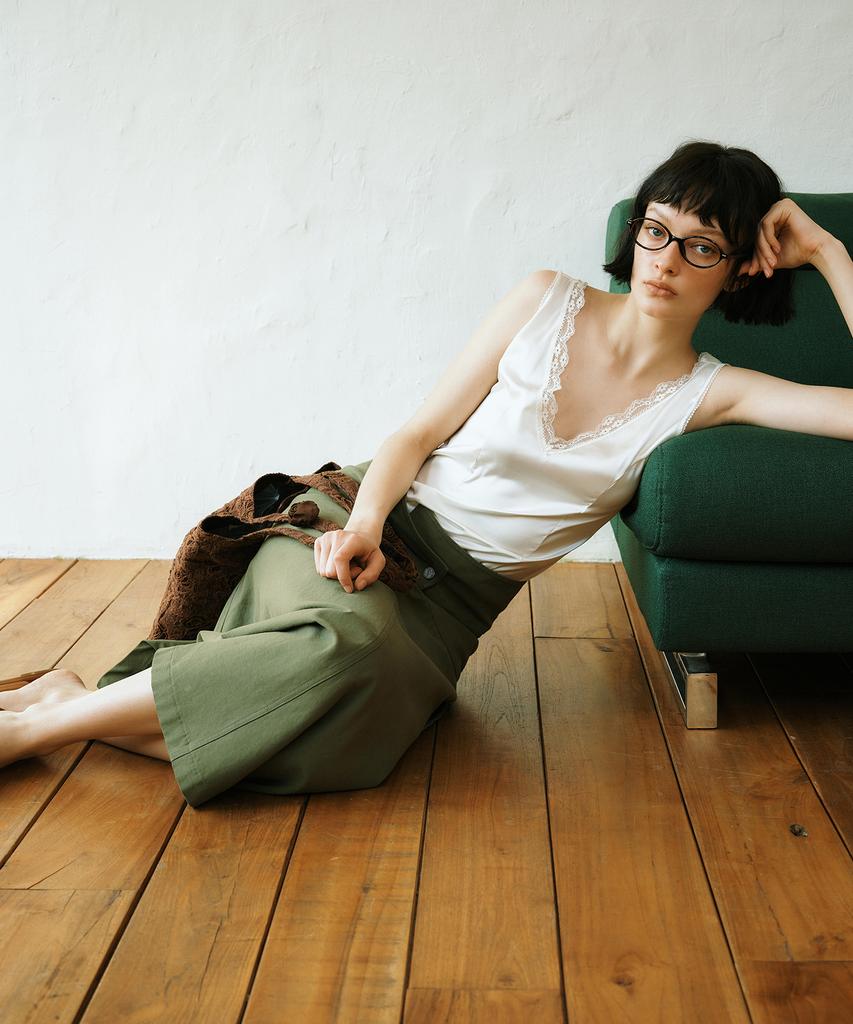 Green Butter Asymmetric Cotton Skirt (Khaki)