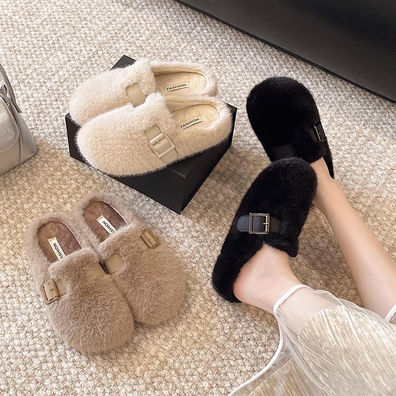 French Flat-bottomed Fluffy Slippers for Women's Outer Wear 2025 Autumn and Winter New Models Are Great-looking, One Pedal, Velvet Mary Jane Cotton M