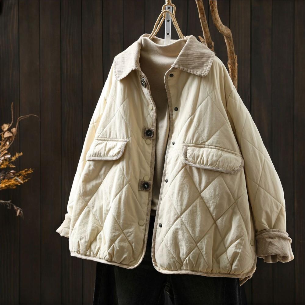 Johnature Women Vintage Turn-down Collar Solid Color Winter Coats Long Sleeve Button Warm Coats