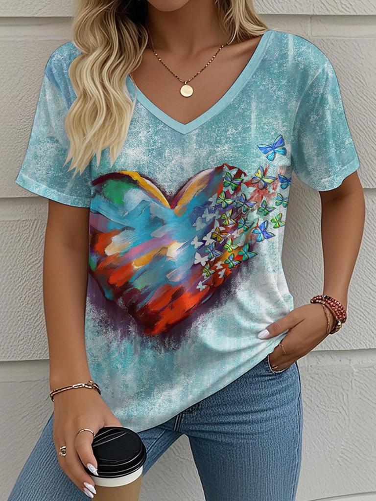 Letní gradientní 3D umělecký květinový potisk grafická halenka dámská s V-výstřihem módní retro oblečení volné oversized tričko