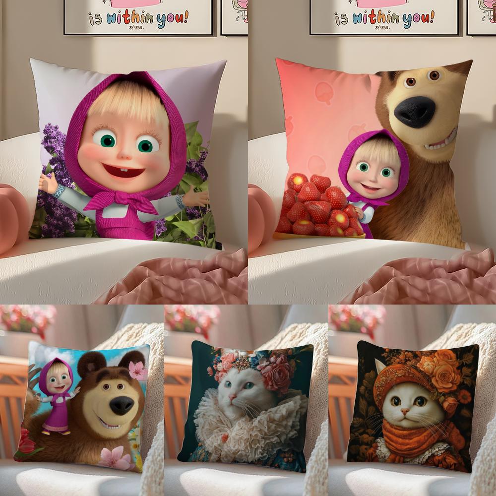 Cartoon Lovely Casual MMasha And The Bears Cushion Cover Linen Pillowcase Cover Soft Decor for Sofa Home Room