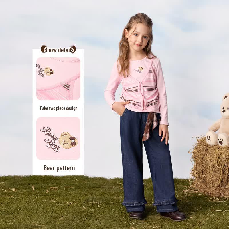 PawinPaw Girls' Cartoon Bear Knit Layered T-Shirt