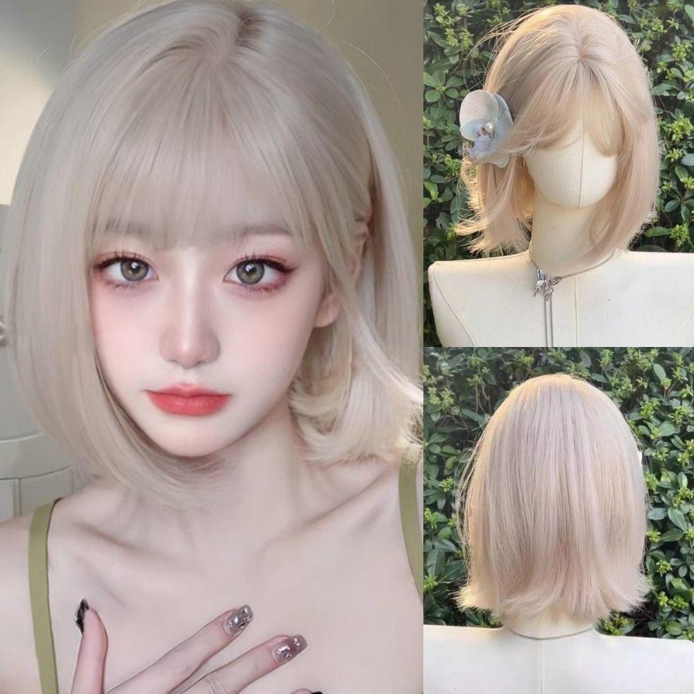 Lolita Short Bobo Hair Hair Extension Synthetic Wigs with Bangs Blond Anime Cosplay Wigs  Daily