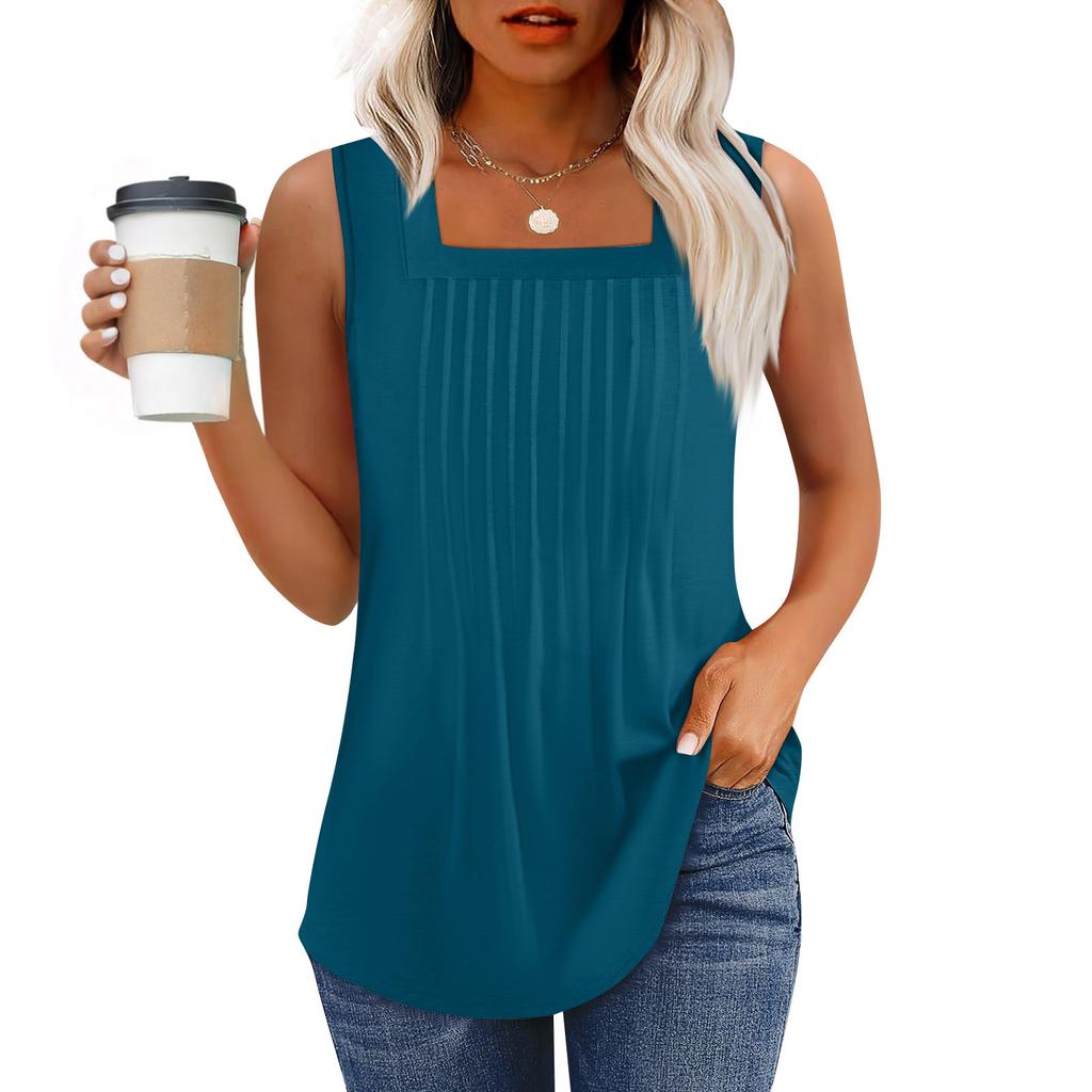 Tank Top For Women Summer Outfits Sleeveless Print Blouses Casual Loose Shirts Pleated Square Neck